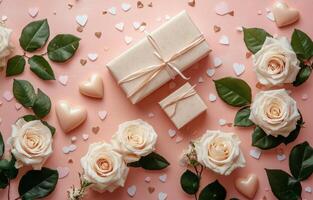 Romantic floral arrangement with gift boxes and heart-shaped decorations on a pink background photo
