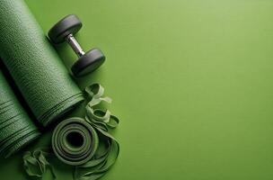 Bright green yoga mats and dumbbells for a vibrant home workout setup photo