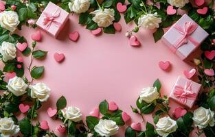 Delicate white roses and pink gifts arranged around a heart-themed backdrop for a special occasion photo