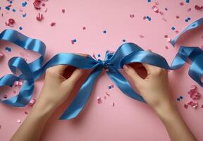 Hands holding a beautifully wrapped blue gift box with a satin ribbon on a light blue background photo