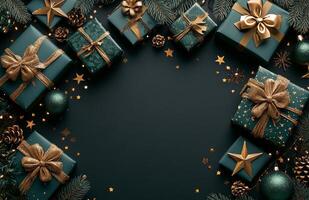 Festive green gift boxes with gold decor and pinecones on a dark background photo