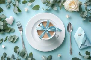 A lovely gift box with blue ribbon on a plate, surrounded by cutlery and hearts photo
