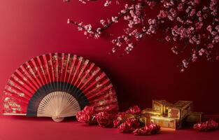 Elegant red fan and decorative elements with cherry blossoms for a festive celebration photo