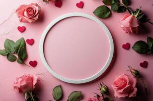 Cute white frame decorated with pink roses and hearts on a soft pink background photo