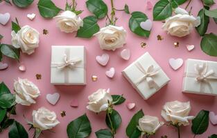 Romantic floral arrangement with gift boxes and heart-shaped decorations on a pink background photo