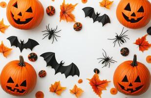 Colorful Halloween decorations featuring pumpkins, bats, and spiders set on a white background photo