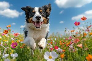 Happy dog joyfully leaps through a vibrant flower field under a bright blue sky photo