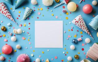 Colorful party decorations and supplies arranged on a blue background with a blank card photo