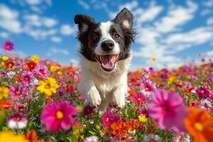 Happy dog joyfully leaps through a vibrant flower field under a bright blue sky photo