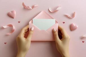 Delicate hands sealing a pink envelope with a letter on a pastel pink background photo