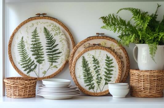 Decorative display of fern embroidery in rustic frames on a kitchen shelf with plants and dishes photo