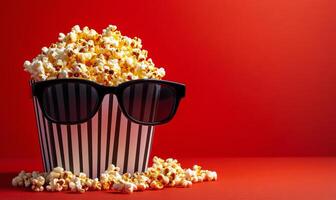 A vibrant bowl of popcorn wearing stylish sunglasses against a bold red backdrop photo