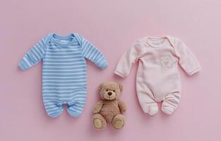 Sweet baby clothes and toys arranged on a soft pink background for a charming nursery display photo