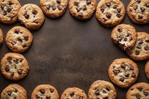 Freshly baked chocolate chip cookies arranged on a rustic baking surface for a cozy treat photo