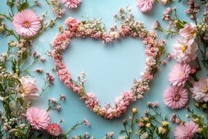 Heart shaped floral arrangement on a blue background with pink blossoms and greenery photo