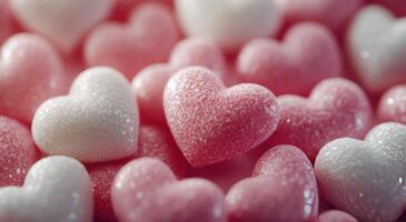 Colorful heart shaped candies covered in sugar on a blurred background during daylight photo