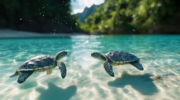 A sea turtle gracefully swims through clear blue waters near a vibrant coral reef in daytime photo