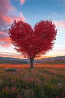 Heart shaped tree blossoms in a vibrant meadow at sunset photo