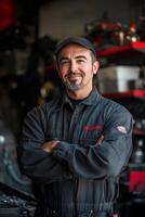 Skilled mechanic in workshop showcasing expertise and confidence while standing with crossed arms photo