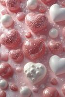 Colorful heart shaped decorations floating in a pink background with bubbles and shiny surfaces photo