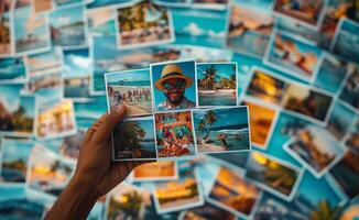 Hand holding a collection of travel postcards featuring tropical beach scenes and ocean views photo