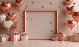 Valentines Day decorations featuring heart shaped balloons and gifts in a cozy setting photo