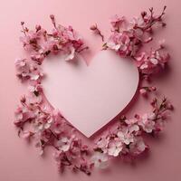 Delicate heart decoration surrounded by fresh flowers on a soft pink background photo