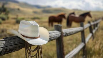 A cowboy hat rests on a wooden fence near horses grazing in a sunlit field photo