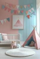Cozy childrens playroom featuring a colorful teepee and pastel decor for imaginative play photo