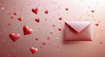 Romantic envelope surrounded by floating hearts on a pink background during Valentines season photo