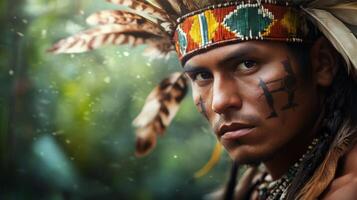 Tribal man in traditional attire gazing thoughtfully in a lush rainforest during daylight photo