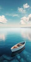 A small wooden boat floating calmly on tranquil waters under a bright blue sky photo