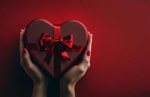 Hands presenting a heart shaped gift box tied with a ribbon against a red background photo