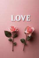 A pink floral arrangement with the word love displayed elegantly on a soft pastel background photo
