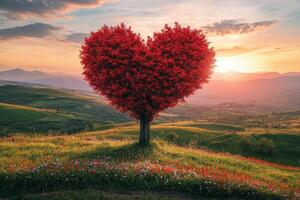 A heart shaped tree stands in a colorful meadow at sunset with rolling hills behind it photo