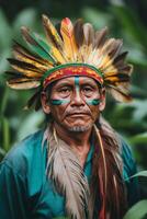 An indigenous man adorned with vibrant feathers and face paint, poised in lush greenery photo
