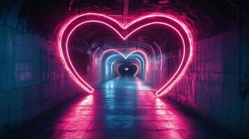 Vibrant neon pink tunnel with heart design illuminated in a dark underground setting photo