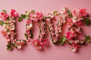 Colorful floral arrangement spelling out love on a pink background for a romantic occasion photo