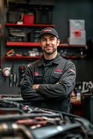Skilled mechanic in workshop showcasing expertise and confidence while standing with crossed arms photo
