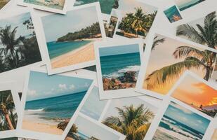 Vintage travel photographs of tropical beaches and palm trees scattered on a wooden surface photo