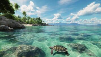 A sea turtle gracefully swims through clear blue waters near a vibrant coral reef in daytime photo