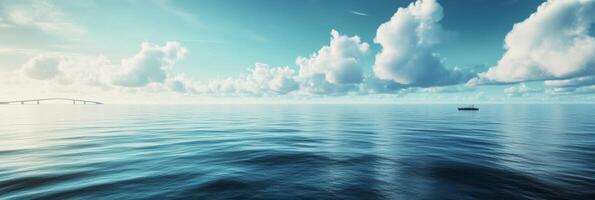 A tranquil view of calm waters under a blue sky and fluffy clouds during the day photo