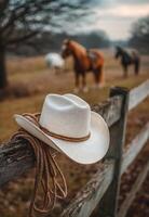 A cowboy hat rests on a wooden fence in a peaceful pasture with grazing horses in the background photo