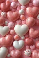 Colorful heart shaped decorations floating in a pink background with bubbles and shiny surfaces photo