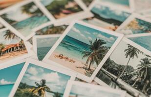 Vintage travel photographs of tropical beaches and palm trees scattered on a wooden surface photo