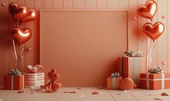 Valentines Day decorations featuring heart shaped balloons and gifts in a cozy setting photo