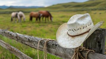 A cowboy hat rests on a wooden fence near horses grazing in a sunlit field photo
