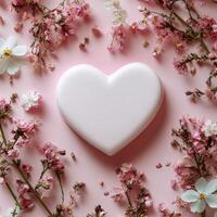 Delicate heart decoration surrounded by fresh flowers on a soft pink background photo