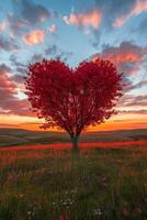 Heart shaped tree blossoms in a vibrant meadow at sunset photo