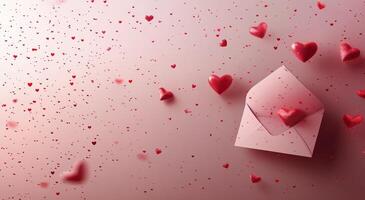 Romantic envelope surrounded by floating hearts on a pink background during Valentines season photo
